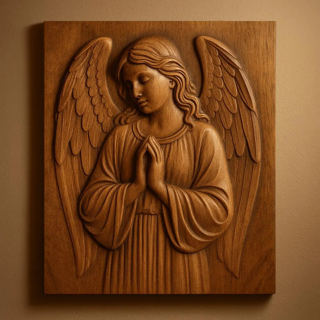 Create a serene wall display with the "Praying Angel CNC Relief STL File | Religious CNC Wall Art" by Form Arcade—perfect for 3D prints of a long-haired angel with folded hands and large wings. Ideal for spiritual decor or gifts.