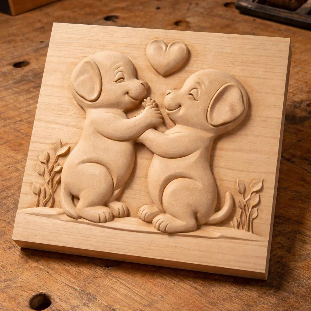The Puppy Love Relief STL File by Form Arcade features two smiling puppies sitting on their hind legs, touching paws beneath a heart with plants on each side—perfect cute dog CNC wall art for wooden backgrounds.