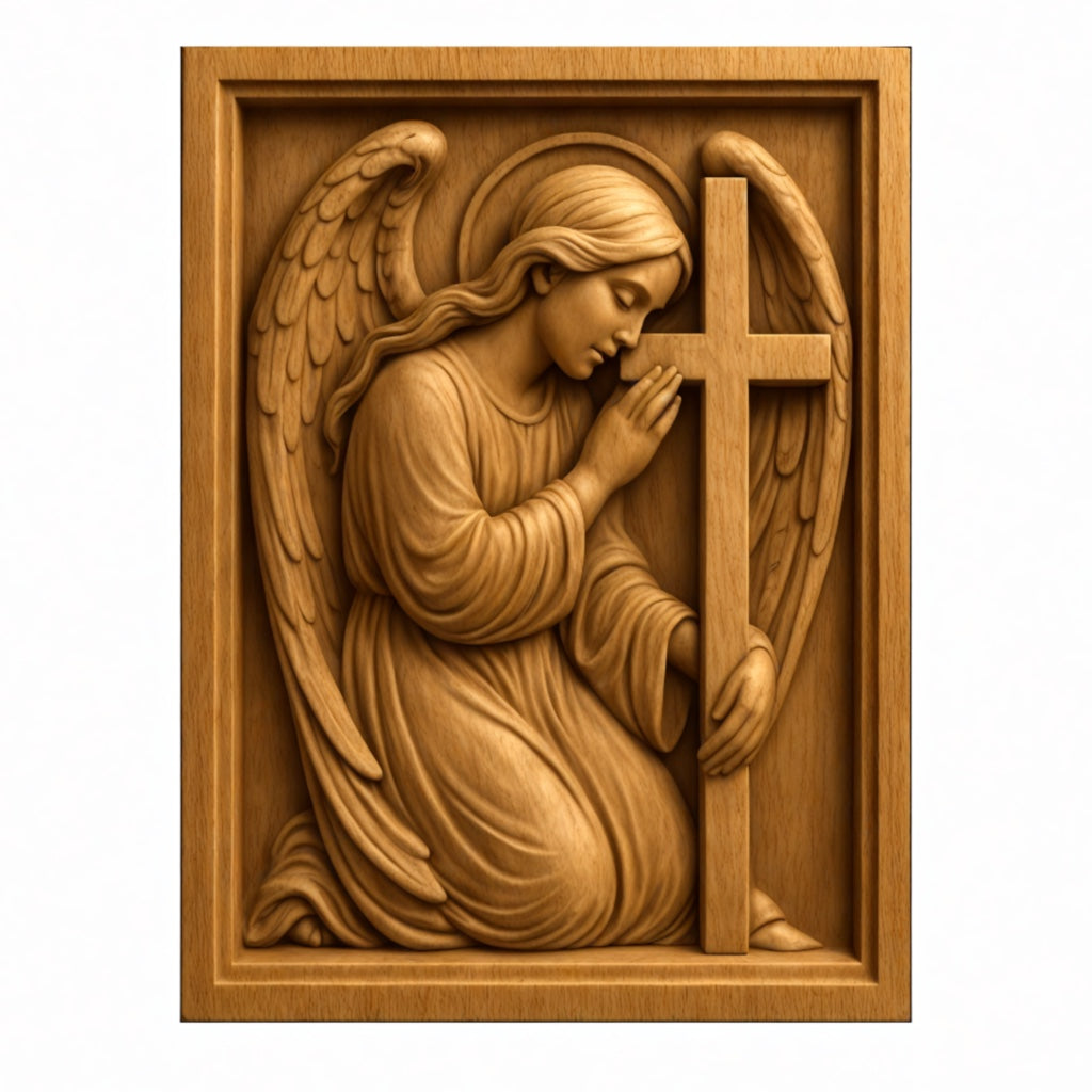 The Inspirational Religious 5-Pack CNC STL Bundle by Form Arcade features Christian wall art designs, including a kneeling angel at a large cross, perfect for woodworking and CNC projects.