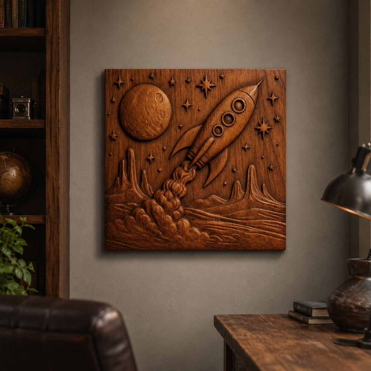 The Rocket Moon Landscape Relief STL File by Form Arcade is a space-themed CNC wall art design featuring a rocket ship launching toward a planet and stars, perfect for display above a desk in your cozy study or office.