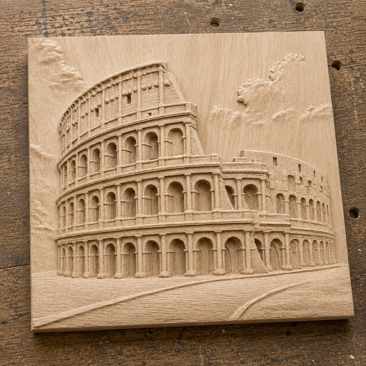 The Roman Colosseum Relief STL File from Form Arcade features detailed arches beneath a cloudy sky, designed for CNC wall art. The square digital design lets you create striking wooden plaques inspired by this iconic landmark.