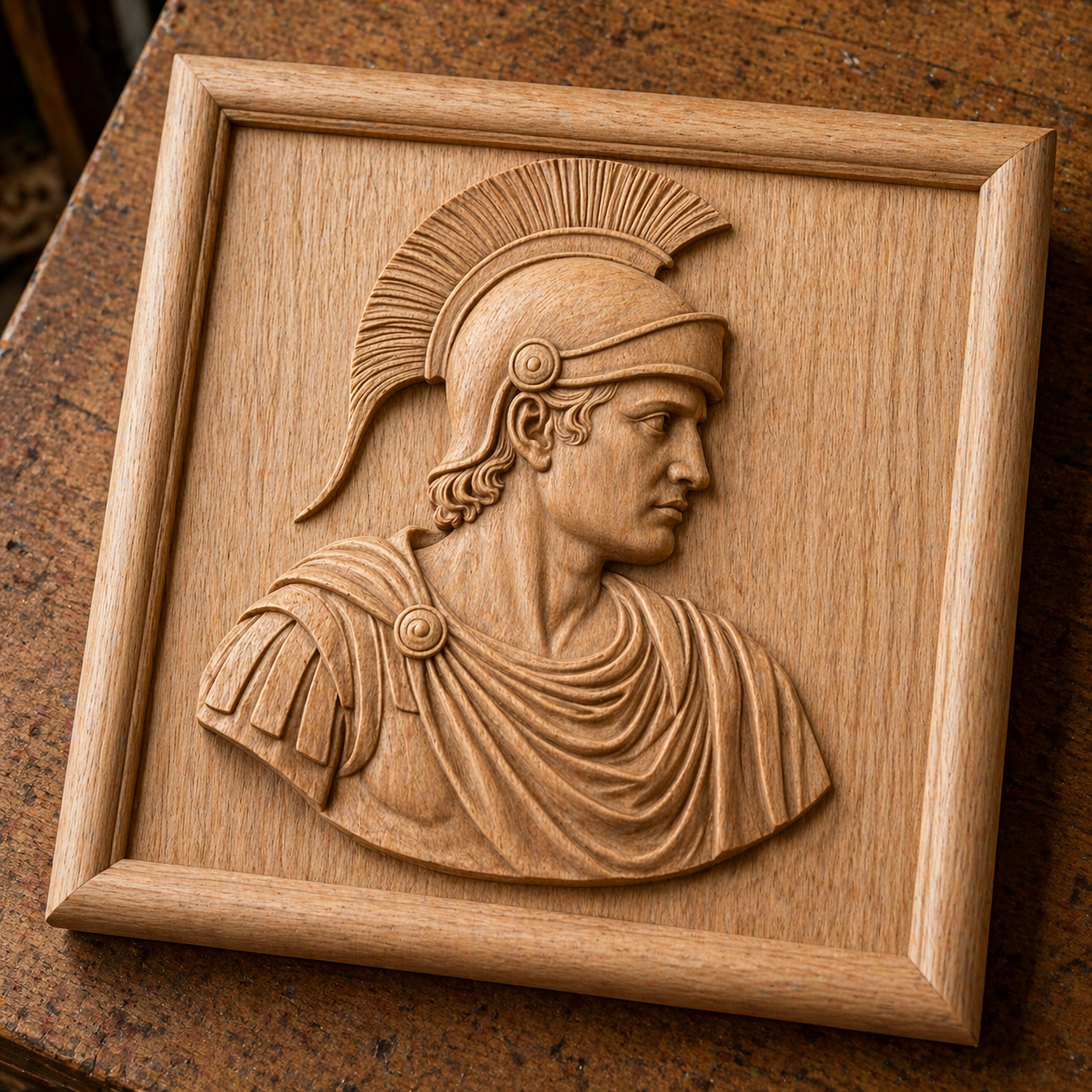 The "Roman Warrior Profile Relief STL File | Roman Soldier CNC Wall Art" by Form Arcade is a square wooden relief showing a Roman warrior in profile, ideal for CNC carving or 3D printing, displayed on a brown wooden surface.
