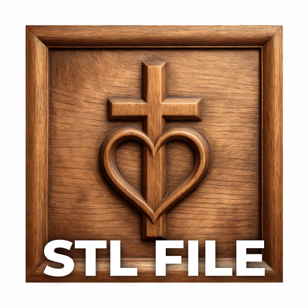 The "Sacred Heart Cross CNC Relief STL File" by Form Arcade is a wooden plaque design featuring a raised cross above a heart, perfect for unique religious CNC wall art and woodworking projects.