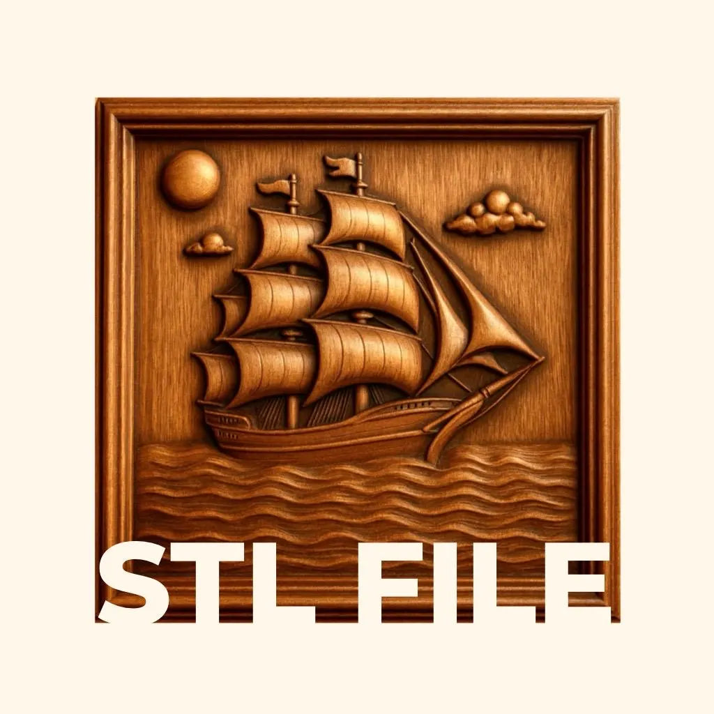 A wooden relief carving depicting a sailing ship navigating the sea with the sun and clouds, framed within a square border. The Sailing Ship CNC Relief STL File | Nautical CNC Wall Art by Form Arcade is perfect for woodworking projects, featuring the text "STL FILE" at the bottom.