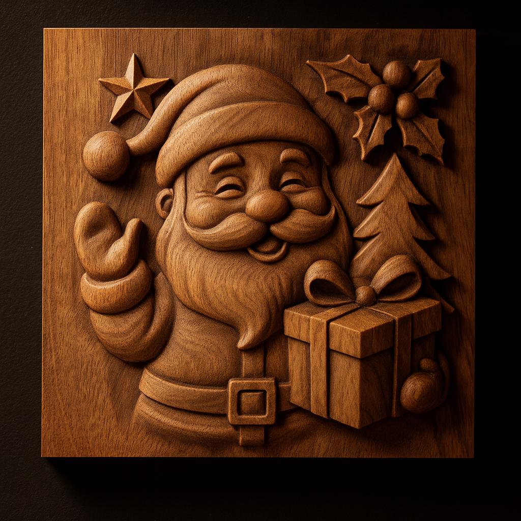 Craft your own festive decor with the Santa Claus Gift CNC Relief STL File by Form Arcade. This detailed Christmas CNC wall art design features a wooden relief carving of Santa Claus holding a gift, surrounded by a Christmas tree, holly, and star in the background—all arranged within a square plaque. Perfect for creating your own holiday masterpiece using an STL file and your CNC machine.