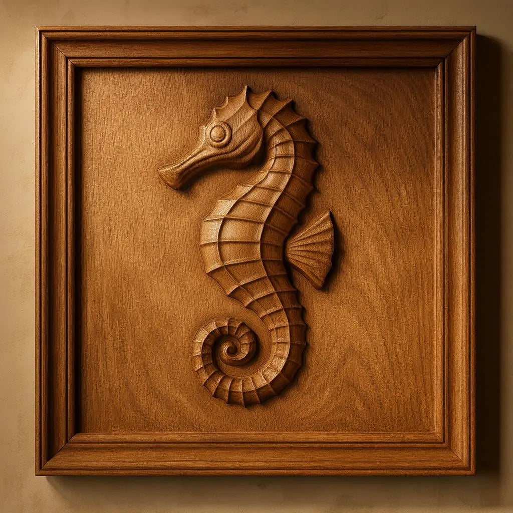 A seahorse, intricately detailed with three-dimensional features and a curled tail, is centered within a square wood frame and mounted on a beige wall. Designed as a CNC relief carving, this piece uses the "Seahorse CNC Relief STL File | Ocean CNC Wall Art" from Form Arcade—making it an exceptional choice for woodworking projects that seek distinctive and unique designs.