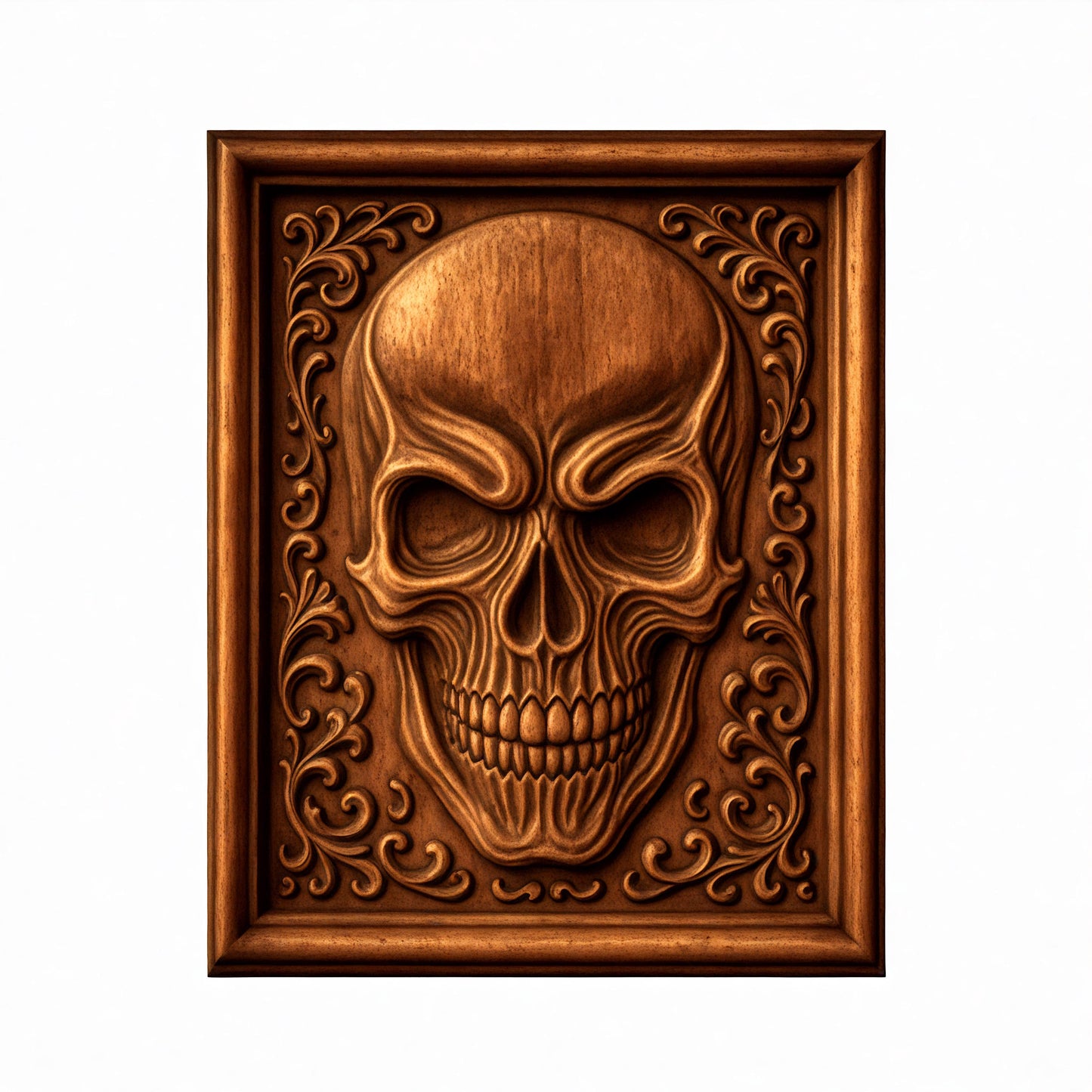 Introducing the Skull Relief 5-Pack CNC STL Bundle by Form Arcade: a collection of gothic CNC wall art designs featuring intricately carved skulls framed in wood, with detailed stylized swirls accentuating their menacing expressions and deep eye sockets. Each design showcases striking craftsmanship in rich brown tones, making them perfect for woodworking projects or as inspiration for relief carvings. This bundle stands out brilliantly against any plain white background.