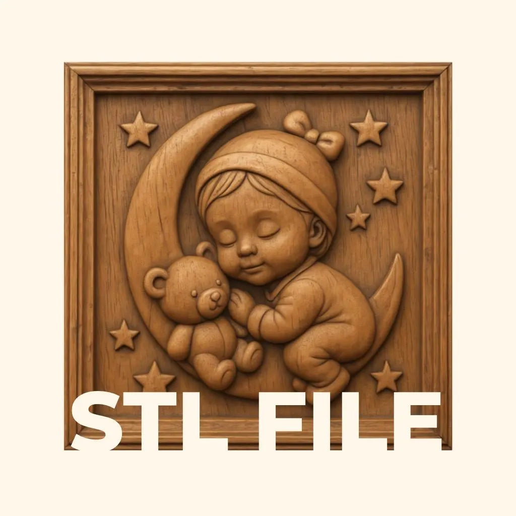 The Sleeping Baby Girl Moon Relief STL File by Form Arcade features a baby girl in a hat cuddling a teddy bear on a crescent moon with stars—perfect nursery CNC wall art for your next relief carving project.