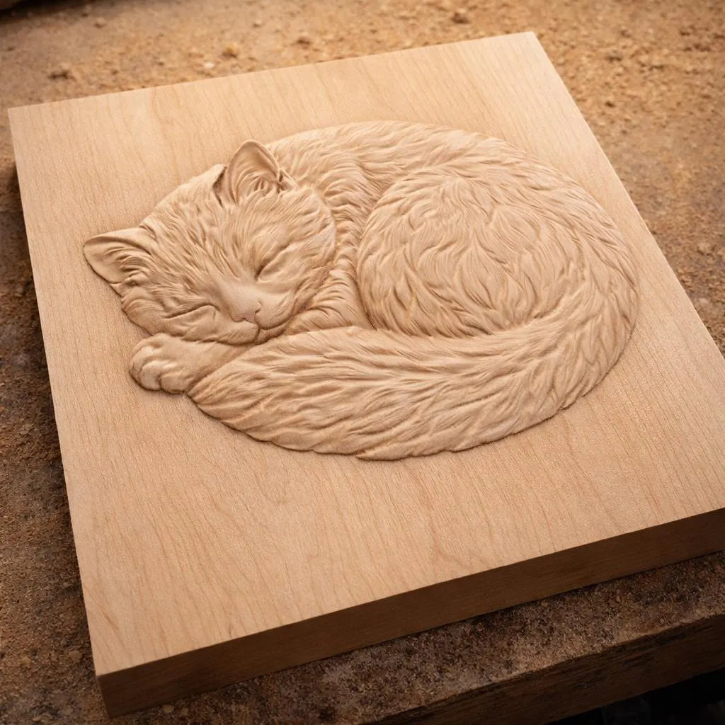 Form Arcade’s Sleeping Cat Relief STL File lets you create CNC wall art of a curled-up, sleeping cat with its tail wrapped around its body, inspired by the original design and perfect for woodworking projects.