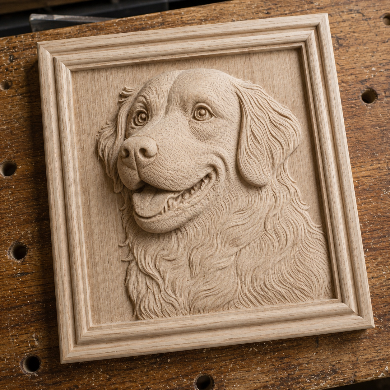 The Smiling Dog Portrait Relief STL File by Form Arcade features a detailed wooden dog head with a square frame, ideal for CNC wall art and perfect inspiration for your next project.