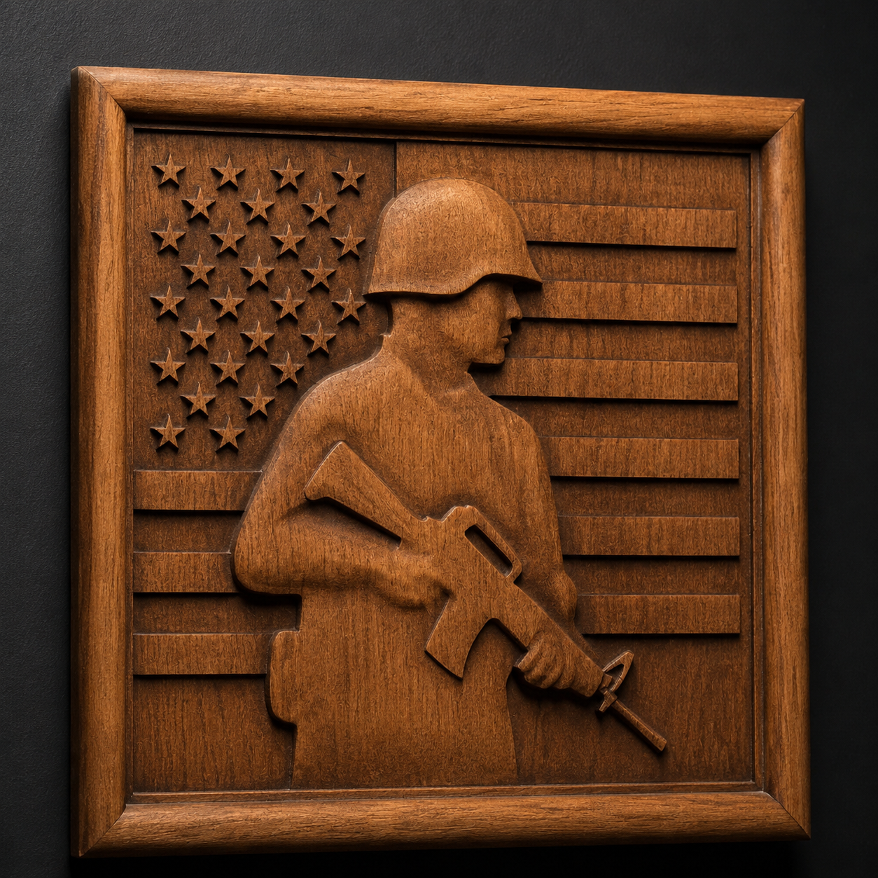 The Soldier Flag Relief STL File by Form Arcade features a soldier with a rifle before the American flag—ideal for military CNC wall art or 3D printing patriotic decor.