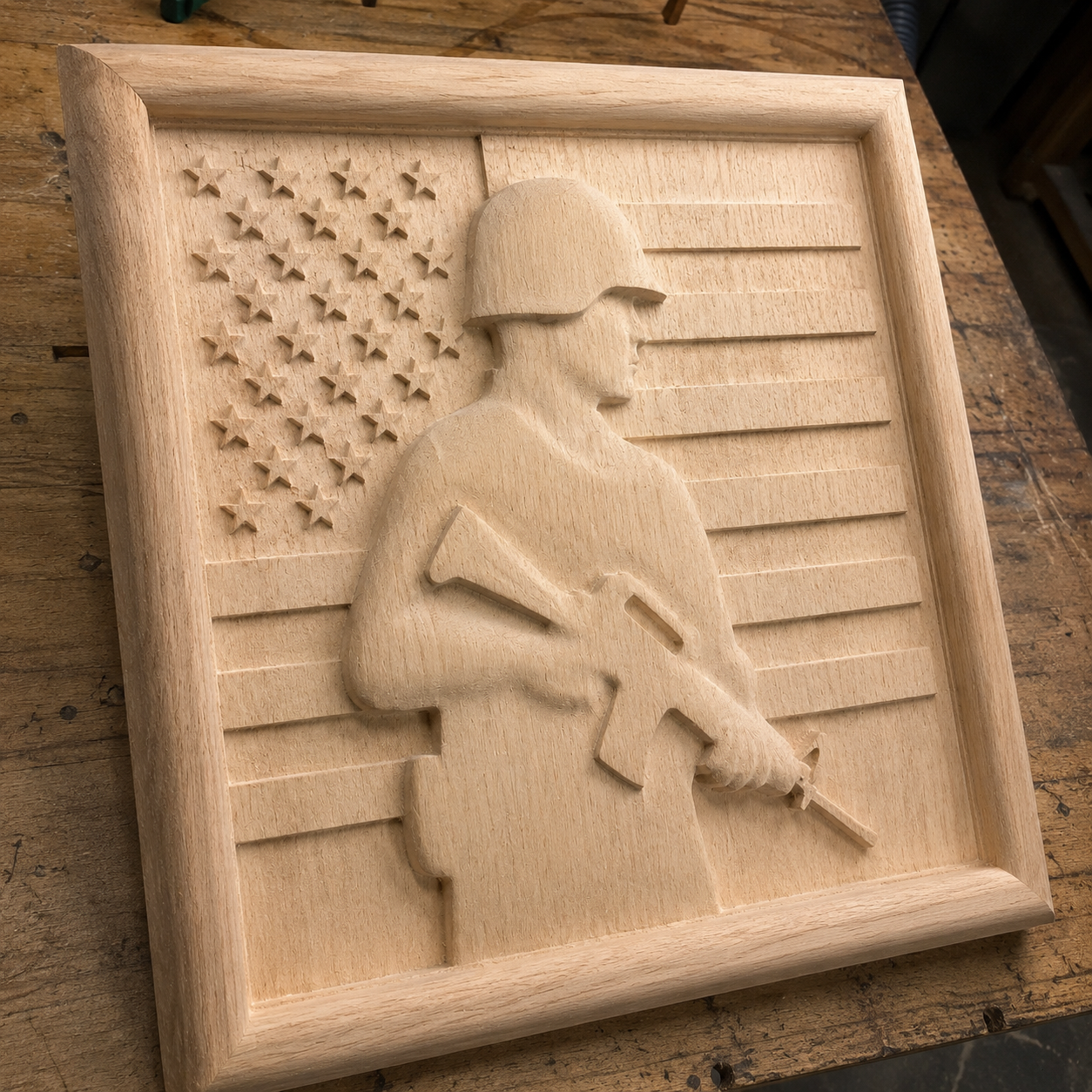 Form Arcade’s Soldier Flag Relief STL File features a soldier with rifle before a waving American flag, intricately designed for CNC wall art—ideal as a ready-to-carve model or inspiration for military-themed projects.