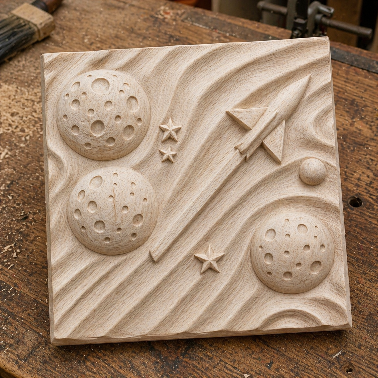 The Rocket Planet Relief STL File by Form Arcade is a square wooden bas relief design featuring a rocket, moons, stars, and textured waves—ideal space-themed CNC wall art for woodworking projects.