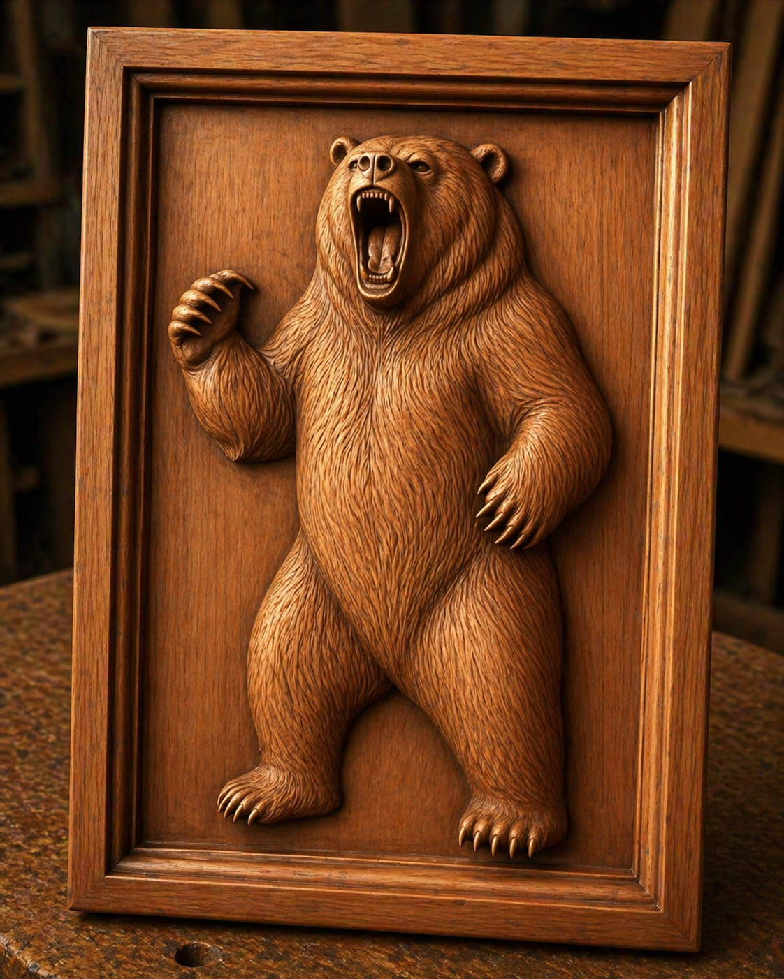 The Standing Bear Relief STL File by Form Arcade is a detailed wildlife CNC wall art design featuring a roaring bear on its hind legs in a rectangular frame, with lifelike fur and sharp claws—perfect for woodworking projects.