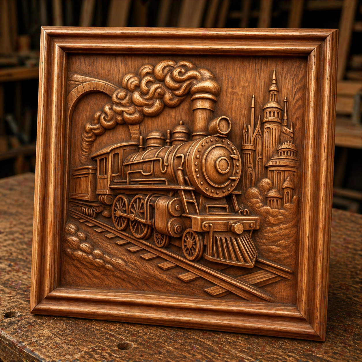 The Steam Train Locomotive Relief STL File by Form Arcade is a detailed CNC wall art design, featuring a steam train on tracks with smoke, ornate buildings, and a bridge—ideal for bas relief projects.