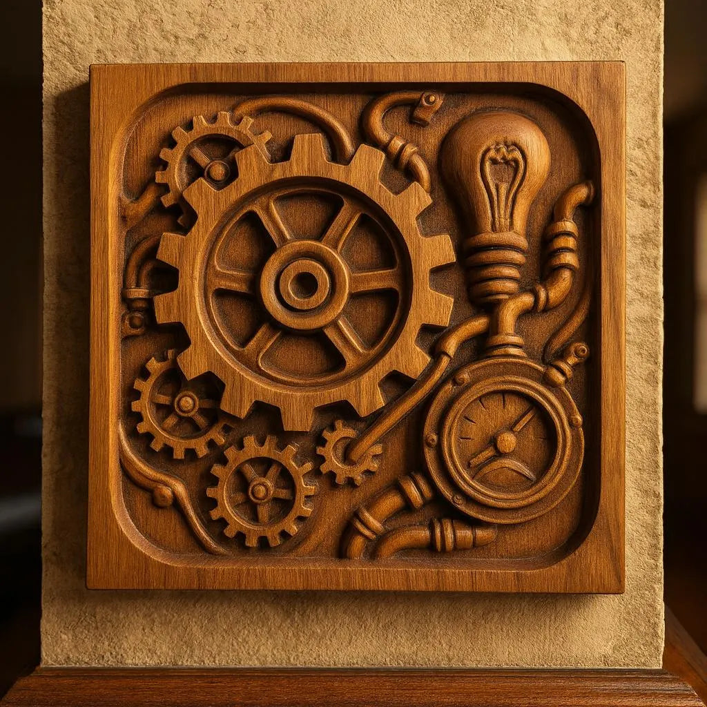 The Steampunk Gear Machine Relief STL File by Form Arcade features interlocking gears, a bulb, and a gauge—ideal industrial CNC wall art for enthusiasts seeking unique Steampunk decor or CNC carving projects.