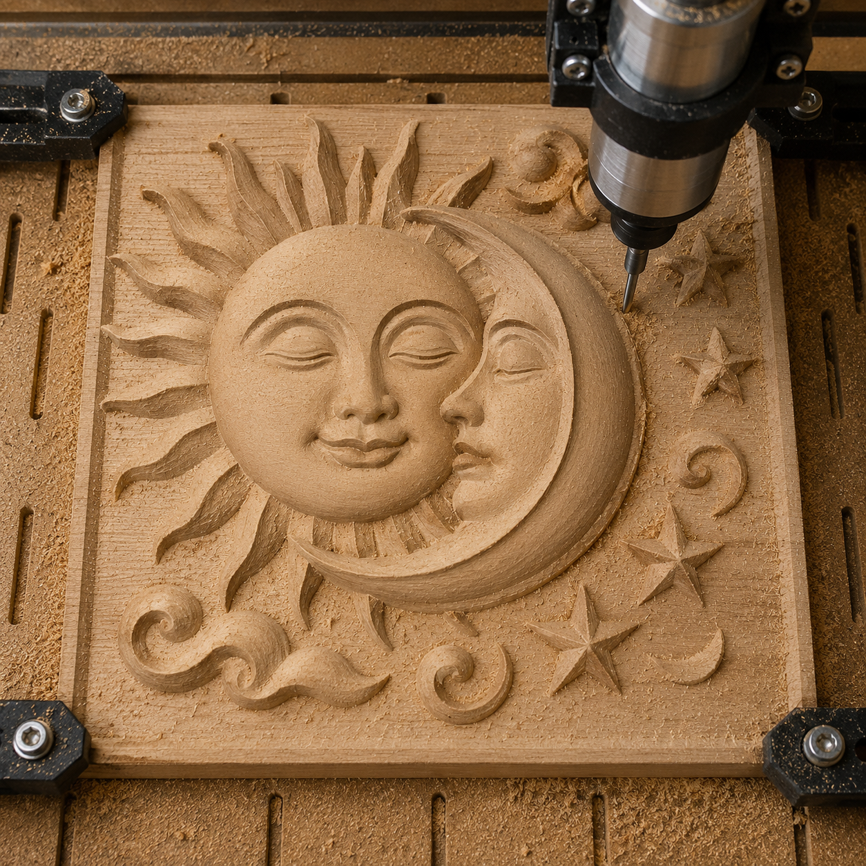 The Celestial Sun and Moon CNC Relief STL File by Form Arcade allows you to carve a split-face sun and moon, surrounded by stars and swirling designs, as striking CNC wall art.