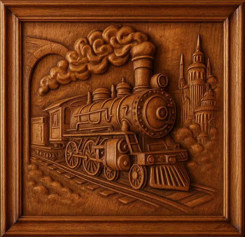The Transportation Relief CNC STL Bundle by Form Arcade features a detailed wooden relief carving of a vintage steam locomotive with a cityscape backdrop—perfect vehicle wall art for your woodworking projects.