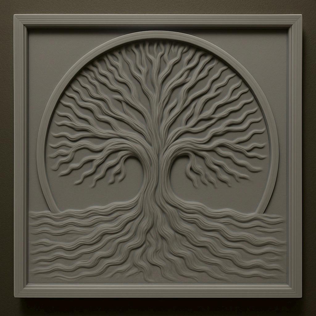 The Tree of Life Roots CNC Relief STL File by Form Arcade features a stylized tree with intricate roots and branches in a symmetrical square and circle design, ideal for woodworking or CNC wall art projects.