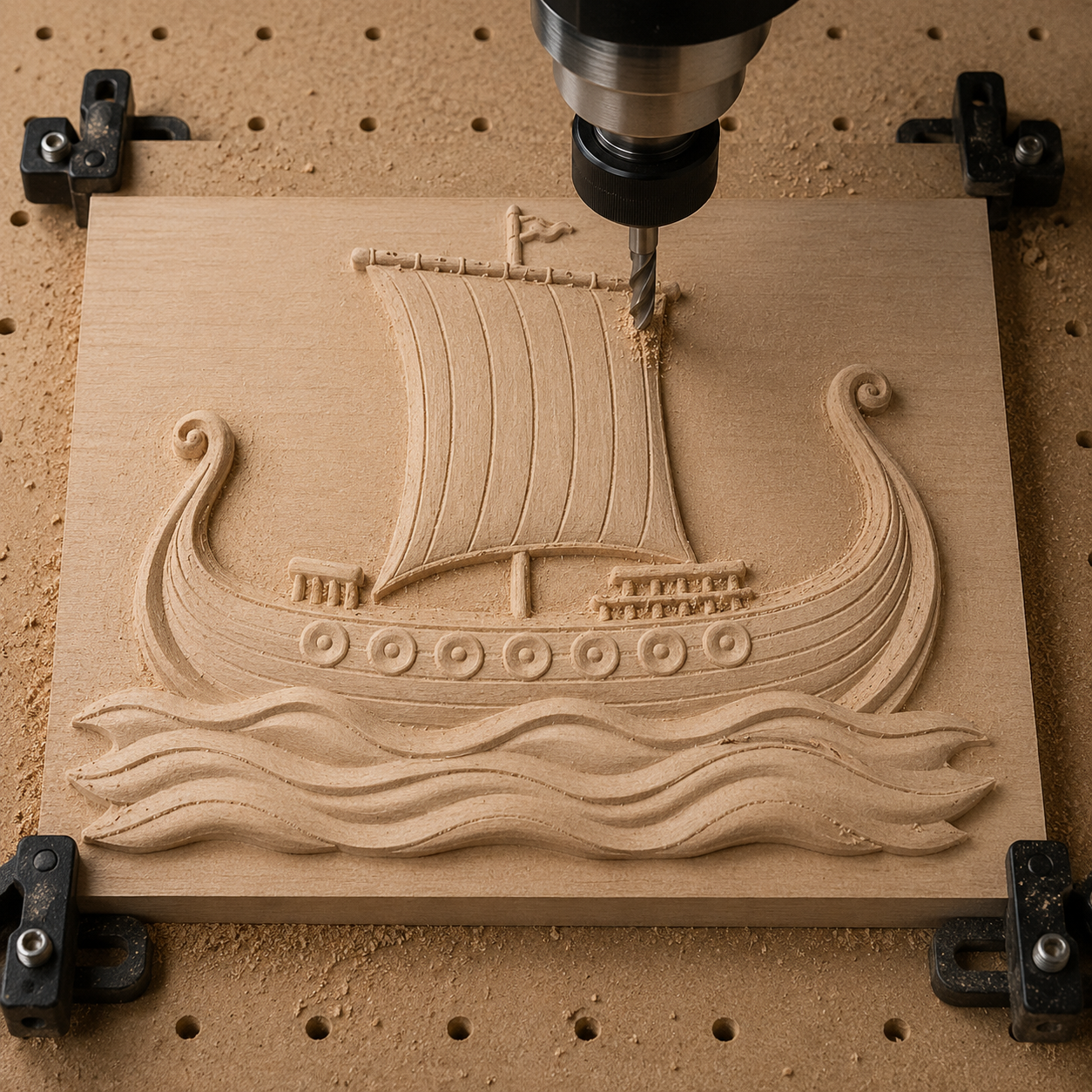 A CNC machine carves the "Viking Ship Panel CNC Relief STL File | Nautical CNC Wall Art" by Form Arcade, creating a detailed relief of a Viking ship with sail and waves, secured by clamps on a workbench.