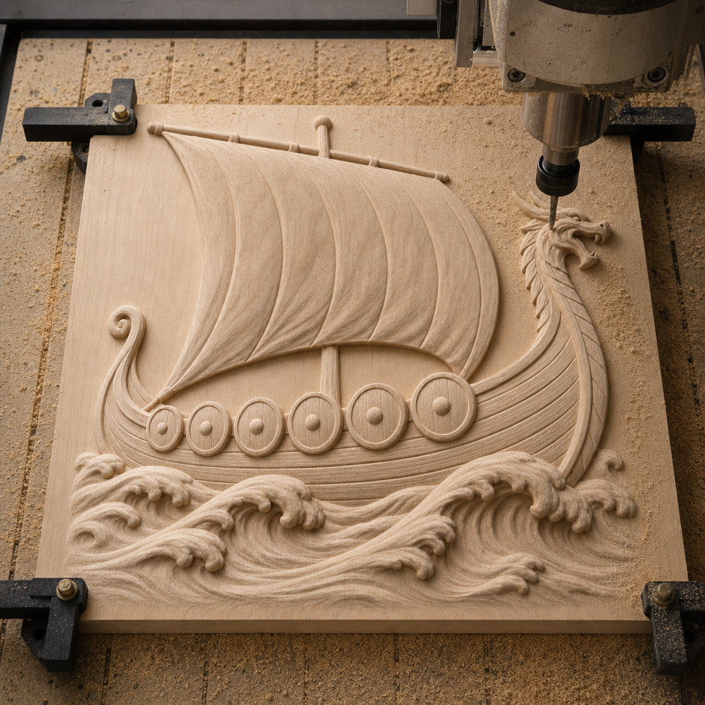 CNC cutting a Viking ship relief into a pale wood panel, showing the curved sail, shields, dragon prow, and layered waves.