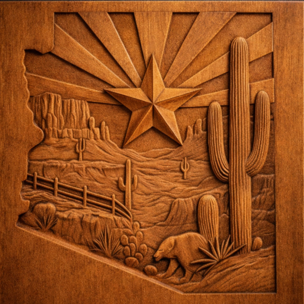 Discover the Western Desert 12-Pack CNC Relief STL Bundle by Form Arcade—featuring Southwest CNC wall art designs, including Arizona’s landscape with cacti, a bear, mountains, a fence, and a radiant star within a state outline. Perfect inspiration for woodworking projects or your next CNC carving creation.