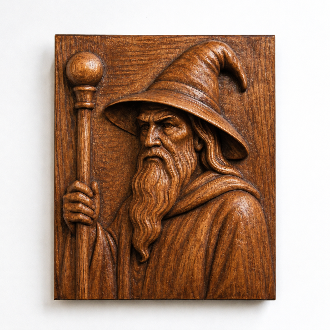 The Form Arcade Wizard Portrait Relief STL File features a bearded wizard with a staff and hat, ideal for fantasy CNC wall art and woodworking projects, presented against a plain background.