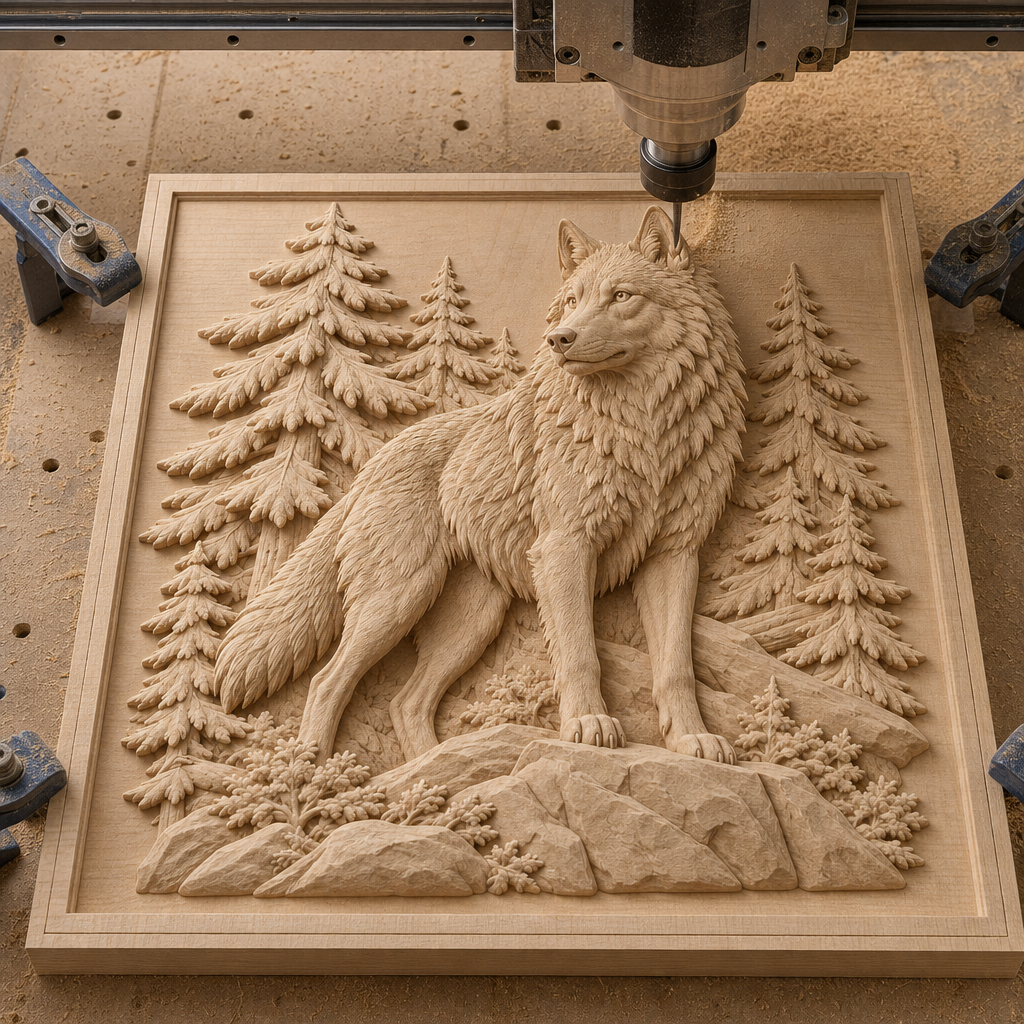 CNC router cutting an unfinished wood relief of a wolf among pine trees and rocks, with a defined outer border.