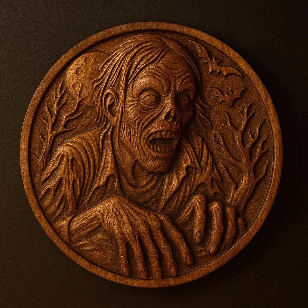 The Zombie Medallion Relief STL File by Form Arcade features a zombie with sunken eyes and outstretched hands amid bare trees, bats, and a full moon—perfect horror CNC wall art for woodworking or relief carving projects.