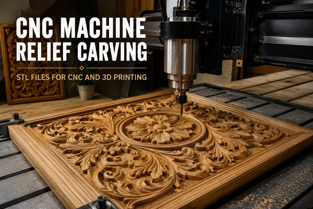 CNC machine carving with detailed floral patterns in a professional workshop. CNC machine relief carving and STL files for CNC and 3D printing.