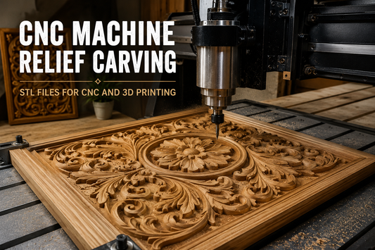 CNC machine carving with detailed floral patterns in a professional workshop. CNC machine relief carving and STL files for CNC and 3D printing.