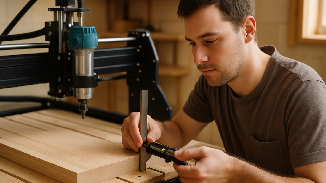CNC owner measuring router axis travel with digital calipers and a machinist square