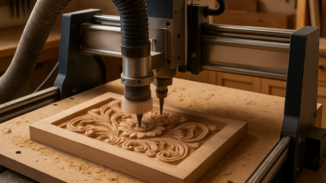 CNC router carving a detailed floral wood relief with a dust hose connected to the brush shoe