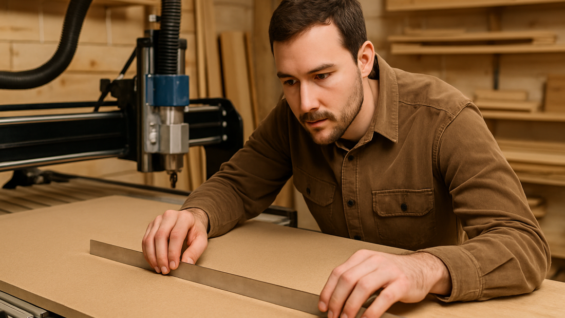 CNC owner checking a freshly surfaced MDF spoilboard with a straightedge