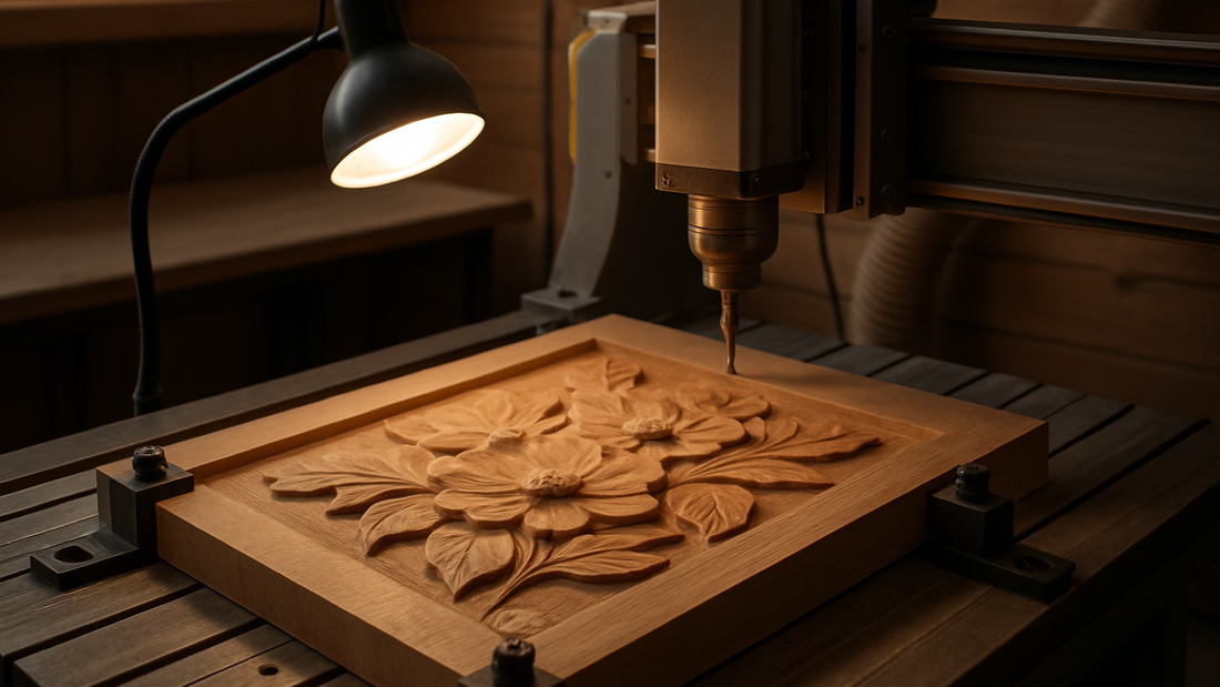 Wooden CNC relief carving inspected under angled light with subtle ridges visible across the surface