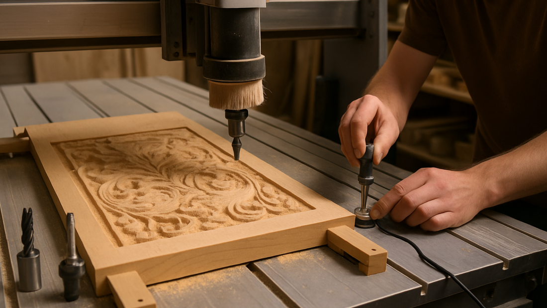 CNC operator checking tool length beside a clamped wooden relief carving