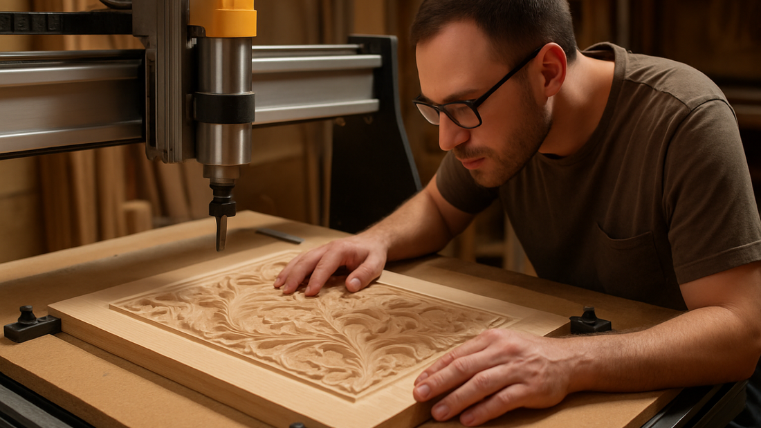 Flat hardwood relief panel secured on a CNC router spoilboard with low-profile perimeter clamps
