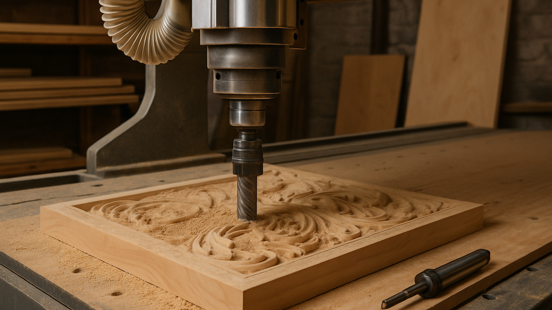CNC router cutting a detailed wooden relief while larger and smaller machining tools are prepared nearby