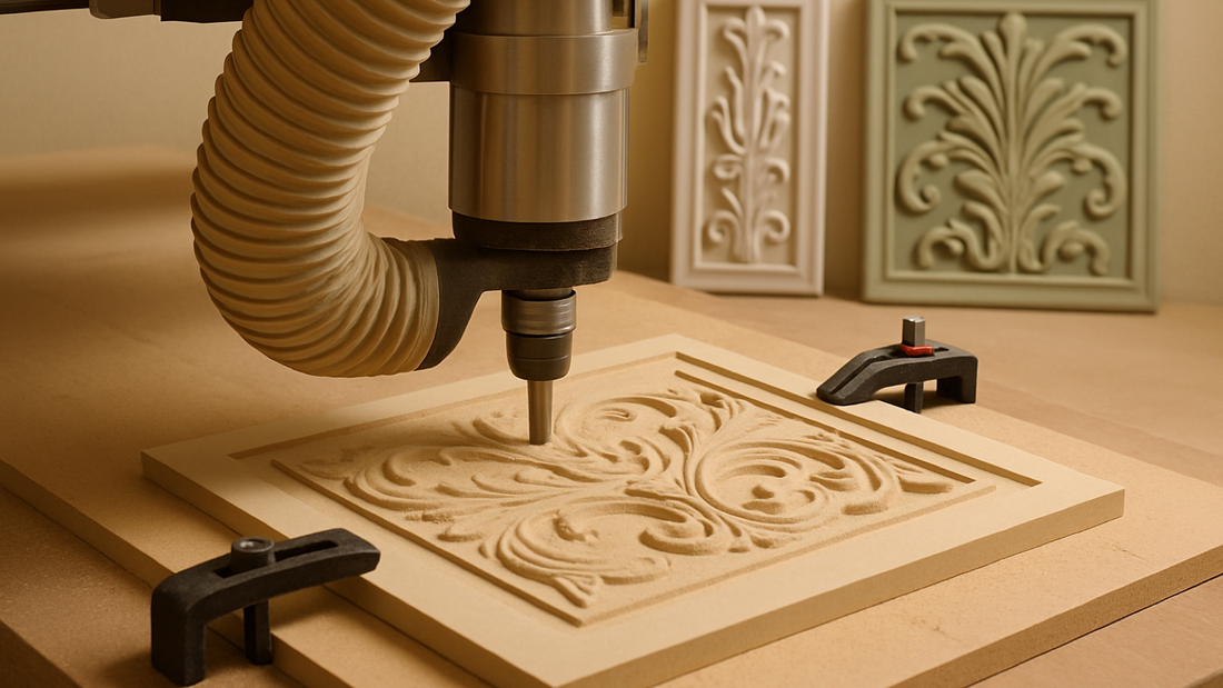 CNC router carving a shallow ornamental relief into an MDF panel in a workshop