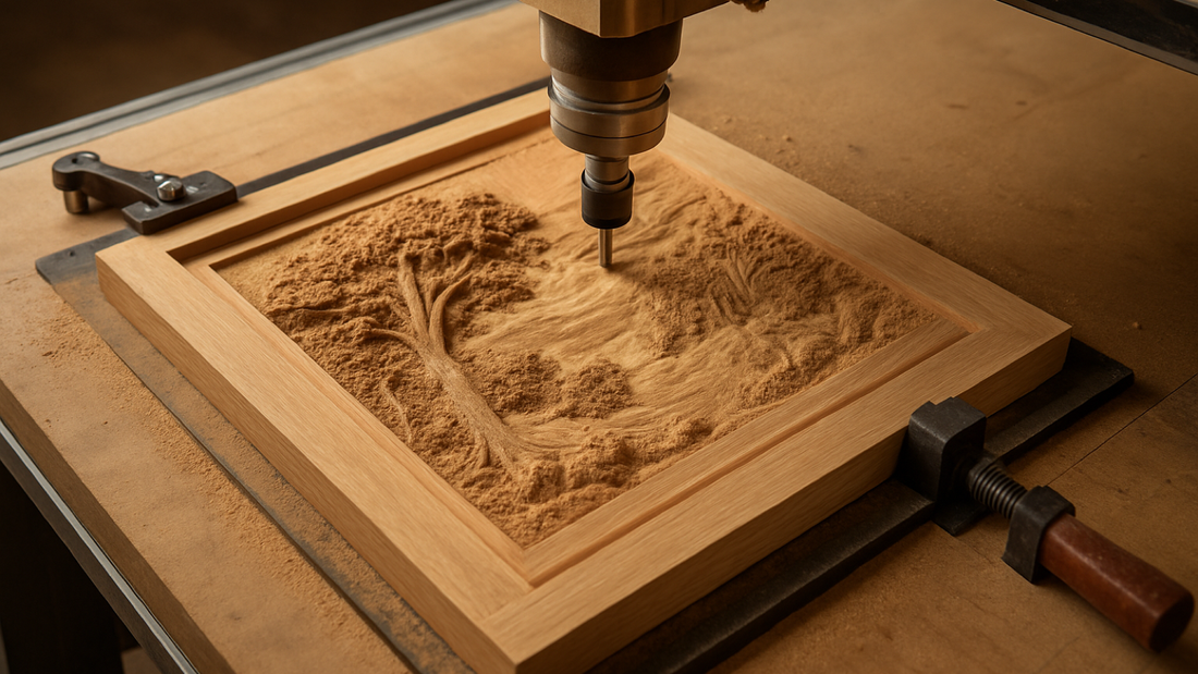 CNC router carving a wooden relief panel while a clear border keeps the toolpath away from clamps
