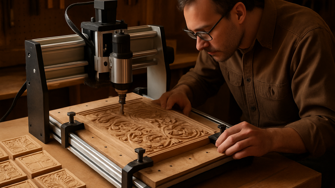 CNC owner machining one section of a large wood relief panel on a compact router while other tile sections rest nearby