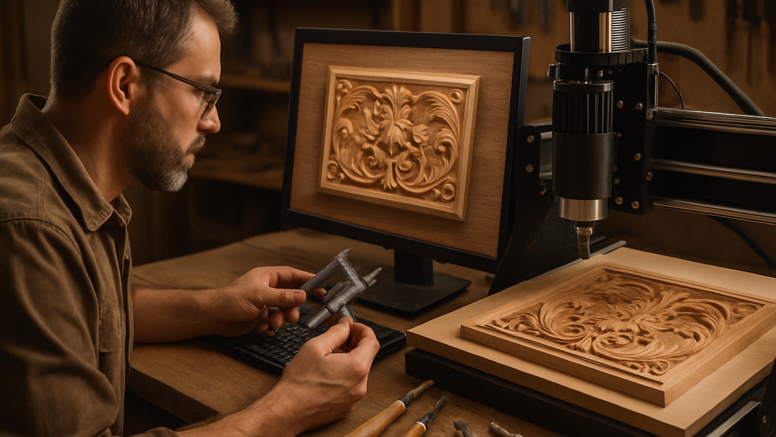 CNC owner inspecting a wooden relief project beside a router and measuring tools