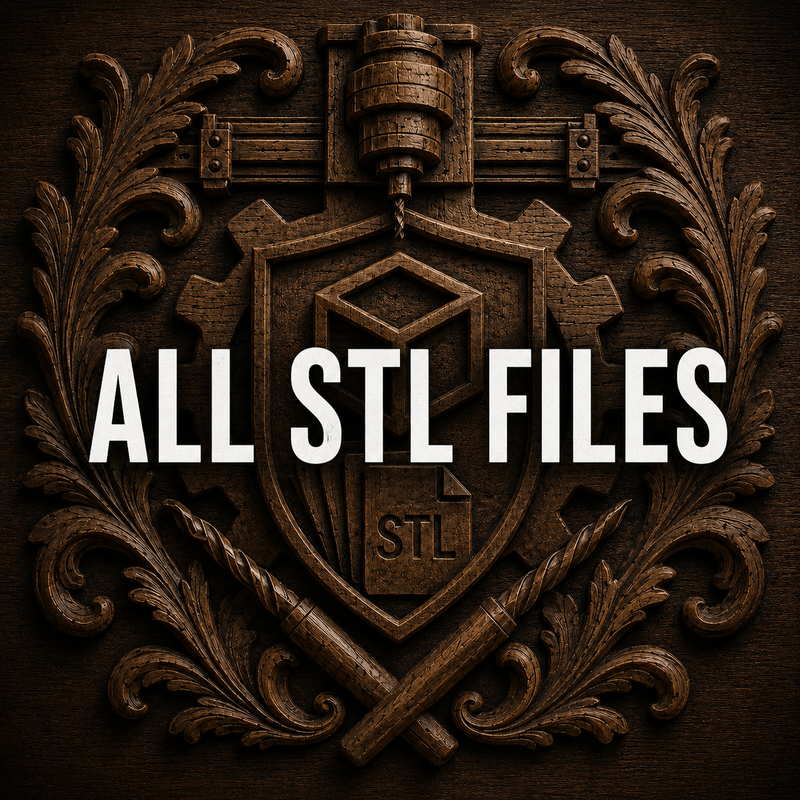 Wooden crest with gears, a 3D printer nozzle, and laurel leaves, featuring a cube labeled STL at the center. Bold white text over the crest reads, ALL STL FILES.