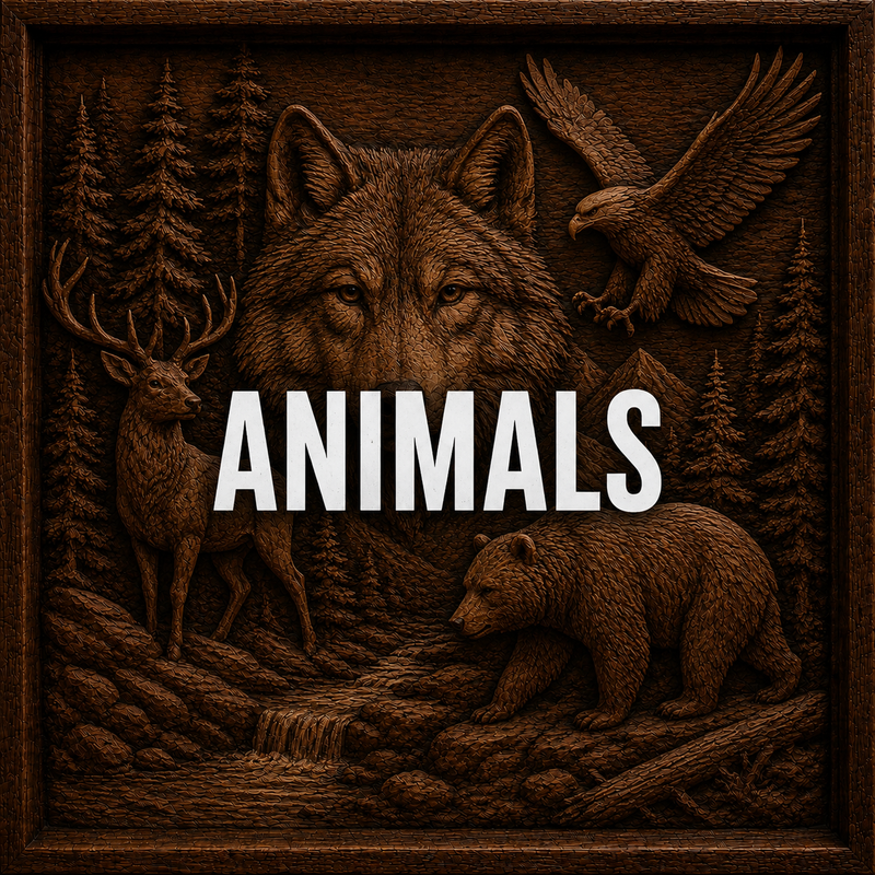 A wooden carving depicts a wolf, an eagle, a deer, and a bear in a forest scene with trees and a stream. The word ANIMALS is prominently displayed in bold white letters across the center.
