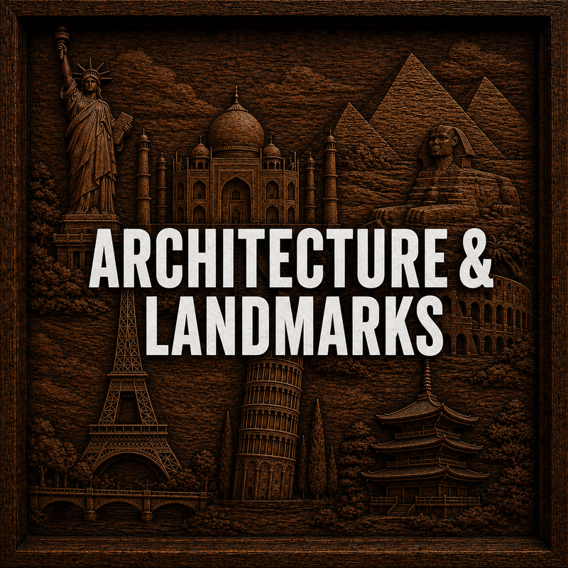 Wood-carved artwork featuring the Statue of Liberty, Taj Mahal, Pyramids, Sphinx, Eiffel Tower, Leaning Tower of Pisa, pagoda, and Colosseum, with Architecture & Landmarks in bold white text.
