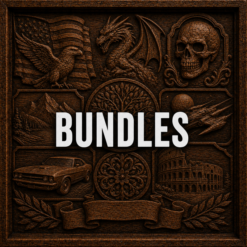 A wooden relief features an eagle, dragon, skull, mountains, planet, sports car, and Colosseum, with the word BUNDLES in bold white letters across the center.