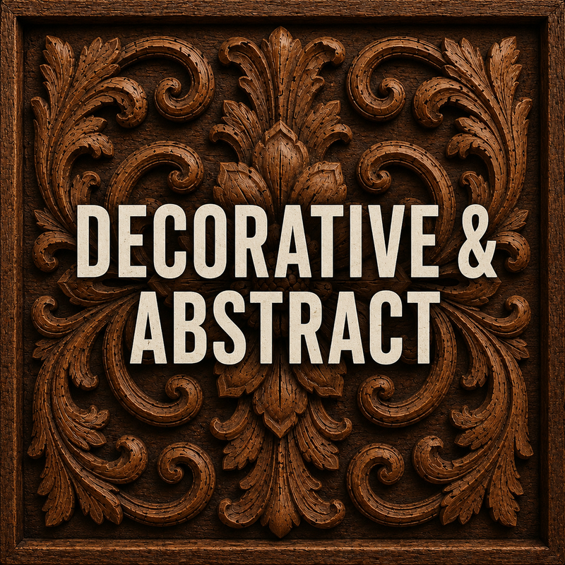 Ornate carved wooden panel with swirling leaf patterns. Bold white text in the center reads Decorative & Abstract. The design has a rich, elegant, classical appearance.
