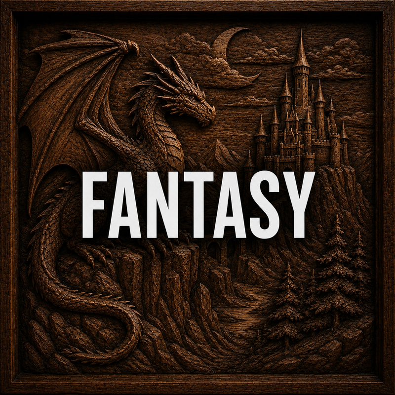A wooden carving depicts a dragon beside a castle under a crescent moon, with the word FANTASY in bold white letters across the center.