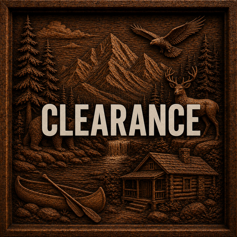 Wood-carved art of a mountain scene with an eagle, stag, bear, log cabin, and canoe, with the word FEATURED in bold letters across the center.