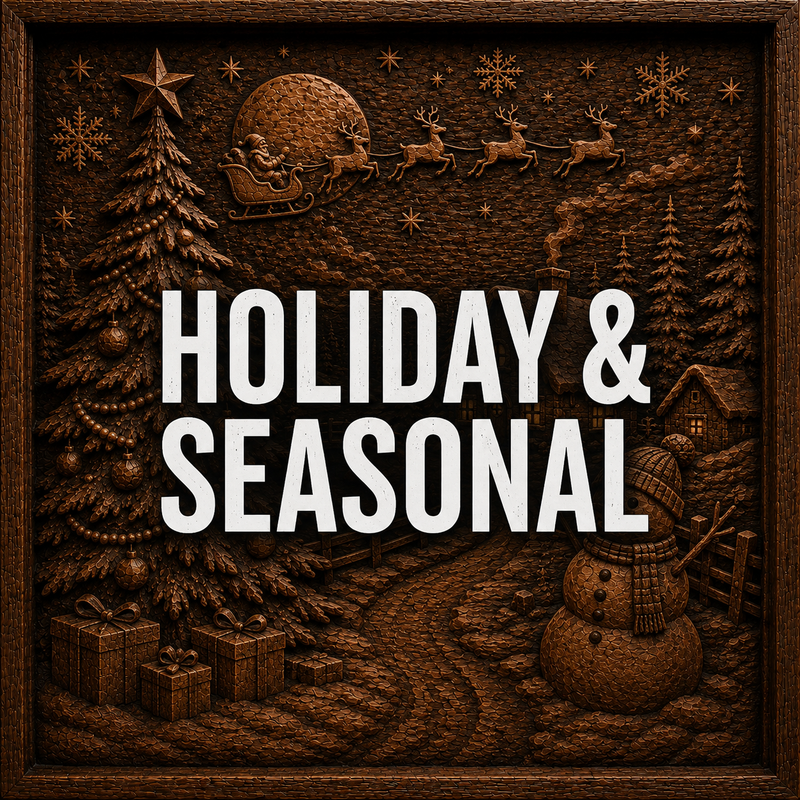 Wood-carved winter scene with Santa’s sleigh, reindeer, snowman, gifts, pine trees, cabin, and stars. Large white text in center reads “HOLIDAY & SEASONAL.”.